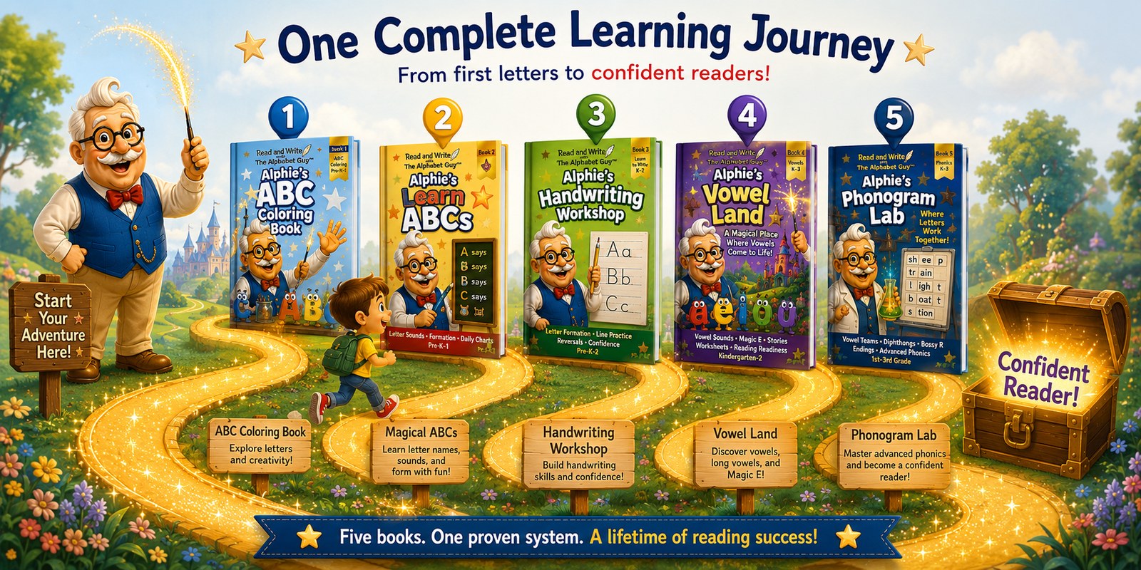 The Alphabet Guy learning journey: five books from ABC Coloring Book to Phonogram Lab